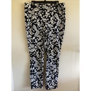 Roz & Ali Black White Tropical Floral Flower‎ Pull On Stretch Pants Womens 16